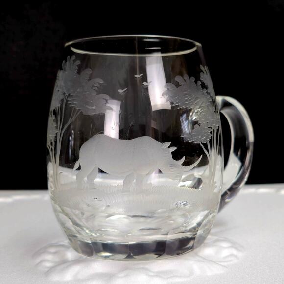 Rowland Ward Queen Lace Rhino Rhinoceros Wildlife Engraved Glass Mug Germany - Picture 1 of 14